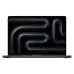 MacBook Pro 16 in Space Black, front view with abstract dark wallpaper and thin bezel screen.