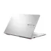 Partially open ASUS Vivobook Go 14 E1404TA laptop with metallic lid design, orange hinge accents, and branding.