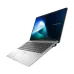 Angled view of the open silver Asus ExpertBook B1 B1503CVA laptop, showing the keyboard, trackpad, and screen.