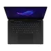 Top view of Asus ROG Zephyrus Duo 16 GX651AX Laptop with blue backlit keyboard and illuminated ROG logo on screen.