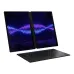 Dual vertical screen view of Asus ROG Zephyrus Duo 16 GX651AX Laptop showing vivid blue and purple wave graphics.