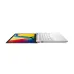Top view of ASUS Vivobook Go 14 E1404FA Laptop opened flat at 180 degrees with geometric wallpaper.