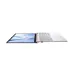 Top view of ASUS Vivobook Go 15 E1504FA Laptop opened flat at 180 degrees with geometric wallpaper.