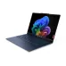 Front-facing shot of the Lenovo Yoga Slim 7 14Q8X9 Laptop with abstract swirl wallpaper and backlit keyboard.