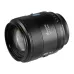 Angled view of the black Sirui Aurora 85mm F1.4 full-frame lens showing the model and specs.