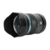 Angled view of the black Sirui Sniper 23mm F1.2 APS-C lens with attached lens hood.
