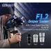 Close-up of a person holding a camera with a Sirui Sniper F1.2 APS-C lens on a gimbal.