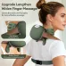 Rear view of a woman wearing the green VRTP-666 Shoulder and Neck Massager with finger attachments kneading her neck.