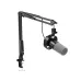 FIFINE AmpliTank K688CT mic with foam windscreen mounted on adjustable boom arm for podcasting or streaming.