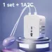 A white Deli universal power adapter with two USB-C cables plugged in, sitting on a futuristic, glowing pedestal.