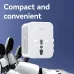 A robotic hand holds the small, white, compact Deli universal power adapter against a dark blue background.