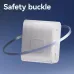 A small white Deli power adapter/cube floating against a blue background, highlighted to show its safety buckle feature.