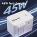Side view of Deli ET767 Travel Adapter showing sliders for EU, UK, USA/AUS plugs with 45W fast charging text.