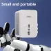Side view of Deli ET768 Travel Adapter held by robotic hand against blue background emphasizing portability.