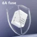Angled view of Deli ET768 Travel Adapter encased in shield graphic highlighting built-in 6A fuse safety.