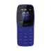 Blue Nokia 105 Classic feature phone with dual SIM indicators, keypad, and compact display