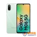 Samsung Galaxy M06 5G sage green smartphone with dual rear camera, waterdrop notch display, and sleek minimal design front and back