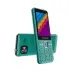 Teal Symphony L256 feature phone standing up, showing its keypad and screen, with the back cover and camera visible behind it.