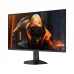 Front angled view of AOC monitor displaying futuristic orange cyberpunk character, slim bezels and modern flat stand design