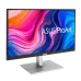 The ASUS ProArt Display PA279CV monitor presents a colorful, abstract wallpaper, highlighting its sleek design and silver stand.