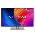 The ASUS ProArt Display PA32QCV monitor, front view, features a colorful abstract wallpaper and the ASUS logo.