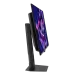 A thin side-profile view of the black ASUS ROG Strix OLED XG27ACDMS monitor rotated to portrait mode on its stand.