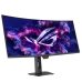 An angled front view of the curved black ASUS ROG Strix OLED XG34WCDG ultrawide gaming monitor displaying a purple/pink ROG logo on the screen.