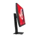 Side angle of ASUS ROG Strix XG27ACMEG Monitor showing slim bezel and red gaming display with futuristic figure.
