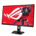 Front view of Asus ROG Strix XG27ACMES Monitor with red ROG logo and robotic character on vivid gaming display.