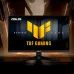 Lifestyle view of Asus TUF Gaming VG27AQE5A Monitor on wooden desk with futuristic metallic background.