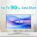 Front view of the Asus VU279HFI-W Monitor showing air ionizer feature with floating ions and “Up to 90% Less Dust” text.