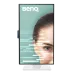 BenQ monitor in portrait mode with slim bezels, displaying eye with UI overlay, ergonomic stand and modern design