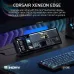 Front view of CORSAIR XENEON EDGE Touchscreen showing video editing interface and RGB-lit peripherals in compact setup.