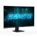 Front view of Gigabyte GS27FC2 Monitor showing curved screen with glowing blue logo and digital cityscape graphic.