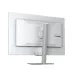 Rear quarter view of the white Gigabyte M27Q2 QD ICE monitor, highlighting the silver stand and textured rear shell design.