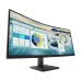 Front view of HP P34hc G4 Curved Monitor with wide curved display showing colorful charts and scenic background.