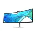 Front angled view of HP Series 5 Pro 549pm Curved Monitor with slim bezel and abstract blue-green wave graphics.