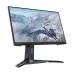 Perspective view of the Lenovo Legion gaming monitor, highlighting the modern V-shaped base and integrated blue cable management clip on the stand.