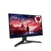 Lenovo Legion gaming monitor with a red mountain wallpaper. Features a black honeycomb-patterned stand with a blue cable management clip.