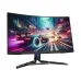 Curved Lenovo Legion gaming monitor showing a vibrant racing game scene with neon lights and futuristic city action