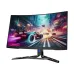 Front angled view of Lenovo Legion curved gaming monitor displaying colorful high-speed racing gameplay visuals