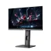 A flat-screen computer monitor, possibly a gaming model, on a black stand. The screen shows a cyberpunk-style image.