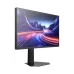 Front angled view of a slim gaming monitor displaying vibrant abstract graphics with a sturdy minimalist stand.