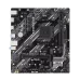Front-facing top view of the Asus PRIME B550M-K ARGB motherboard highlighting its black and white design, M.2 slots, and I/O panel.