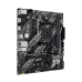 Top-down angled view of the Asus PRIME B550M-K ARGB motherboard showcasing its layout, CPU socket, RAM slots, and ARGB headers.