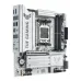Asus TUF GAMING B850M-PLUS WIFI7 W motherboard side angle with PCIe slots, heatsinks and white gaming aesthetics