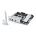 Asus TUF GAMING B850M-PLUS WIFI7 W motherboard angled view with white heatsinks, ports and external WiFi antenna