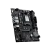 Angled view of the black MSI PRO B840M-B micro-ATX motherboard, highlighting the CPU socket, heatsinks, and I/O panel.