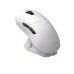 Upright view of white AJAZZ AJ179P Mouse on RGB-lit stand, showing scroll wheel and side buttons in sleek ergonomic form.