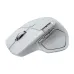 Angled view of white Logitech MX Master 4 Mouse showing contoured design, dual scroll wheels, and LED indicator.